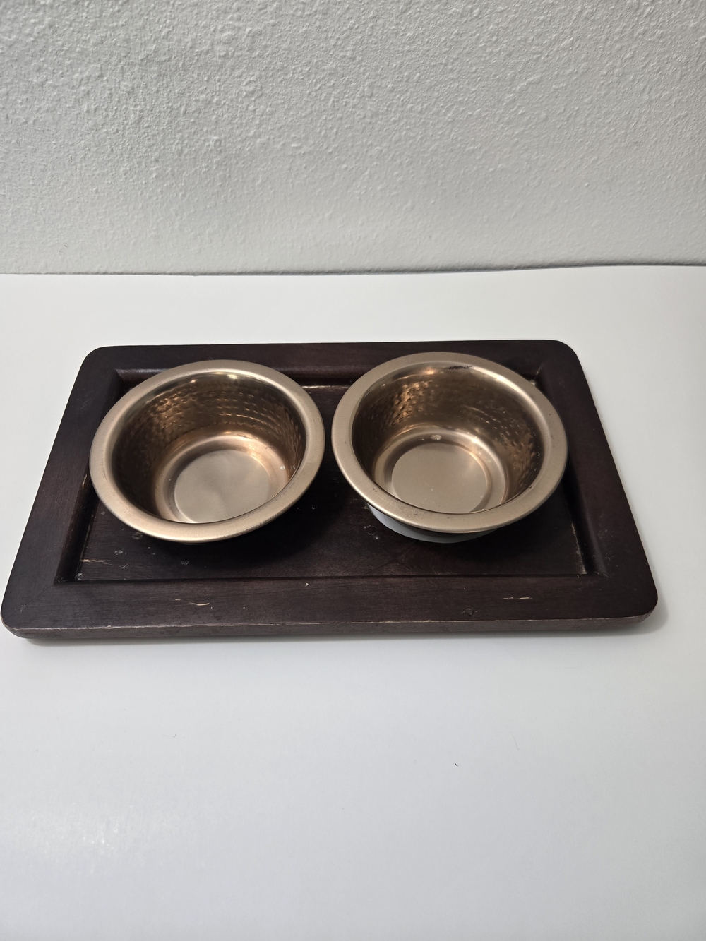 Boots & Barkley Bronze Stainless Steel Double Pet Bowls with Dark Wood Tray